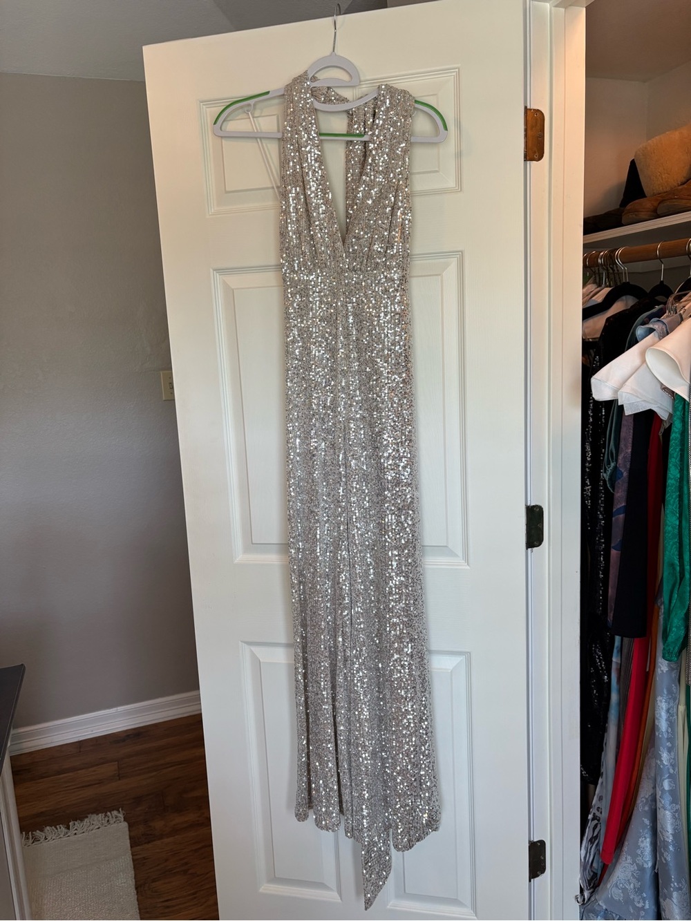 Aakaa Silver Sequin Deep V Jumpsuit